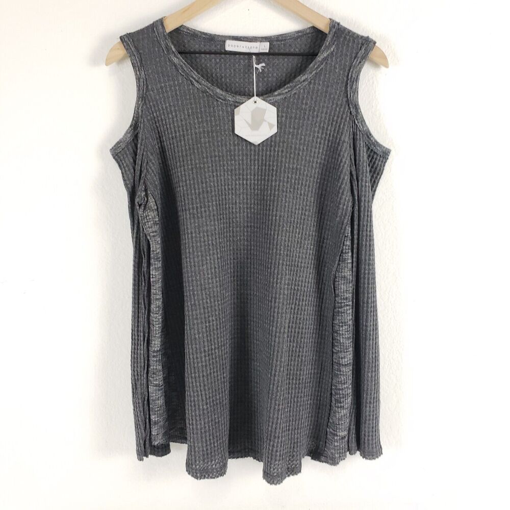NEW!! Paper Crane SIZE L Gray Cold Shoulder Boho Long Sleeve Blouse Top Waffle